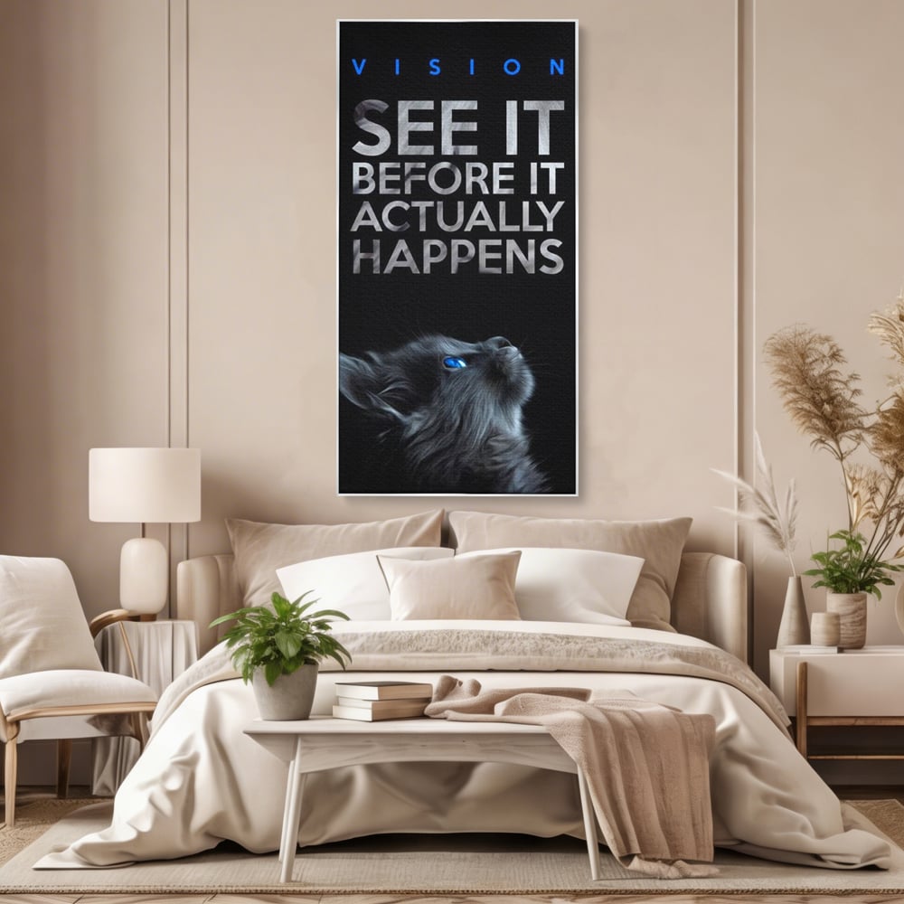 Tablou canvas cu tablou vertical cu pisica neagra si text, in rama de aluminiu argintiu, pe perete intr-un dormitor